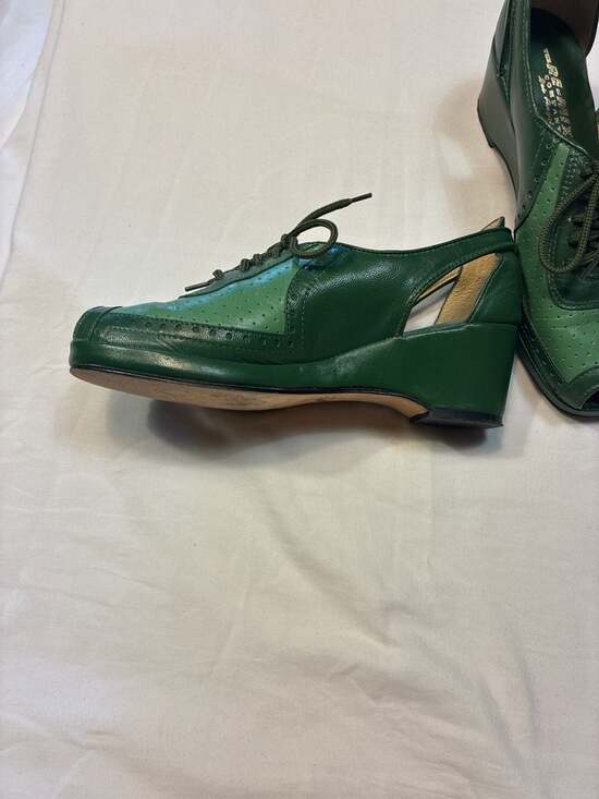 Re-Mix Vintage Shoes Spectator Green Leather Peep Toe Wedge Oxfords - Picture 7 of 11